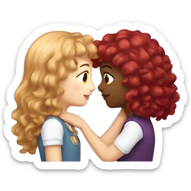 Two girls kissing eachother but one its a bronw with red purplish hair and bang and the other is white white curly light brown hair sticker