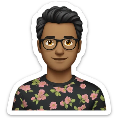 striking up dark hair guy wearing glasses and dark t-shirt with flowers print sticker