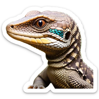Cinematic Cute brown camo spotted monitor Lizard Portrait Emoji, Head tilted playfully and inquisitively, with a sleek, patterned body accented by vibrant hues and round, sparkling eyes full of wonder, Simplified yet irresistibly adorable features, highly detailed, glowing with a warm, friendly glow, high shine, affectionate and lively, stylized with a touch of exotic charm, bright and endearing, soft glowing outline, capturing the essence of a mischievous yet captivating lizard that seems as if it could scuttle out of the screen into your arms! sticker