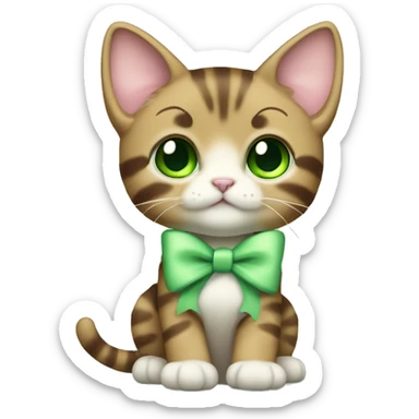 extremely cute kawaii brown tabby kitten with green eyes and pastel green bow full body sticker