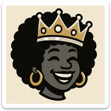 Create a 1970s disco emoji of just the head of a female African American, showing a joyful expression, afro hairstyle, and a 70s style crown. Use only gold, silver, black, and white colors. Render in vibrant pop colors style. sticker