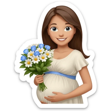 Create a cute emoji-style illustration of a young brunette woman with long brown hair, blue eyes, and a happy smile. She is pregnant, shown with a visible baby bump, wearing a simple white dress and holding a small bouquet of flowers. She looks excited and joyful, as if she's about to marry soon. sticker
