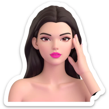 Kendall Jenner supermodel, longer face, long dark hair, bright pink glossy lipgloss, rosy pink blush, bare shoulders sticker