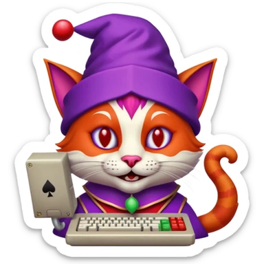 crazy colorful cute little cat jolly joker from poker, medieval, vintage, court jester, mac os icon, purple and red color, half body. The cat is inside a retro computer terminal sticker