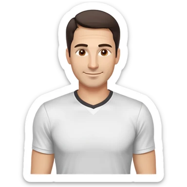 Fit good-looking man in his 40s with young appearance, light brown complexion, elongated face, fine jawline, intense brown eyes, medium eyebrows, straight narrow nose, attractive smile, short dark hair styled fresh, vibrant expression, wearing a white fitted athletic shirt sticker