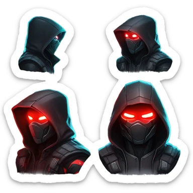 developer behind his laptop with this style : crysis Cyberpunk Riot Games Valorant neon glowing bright red character red dark black hooded assassin themed character sticker