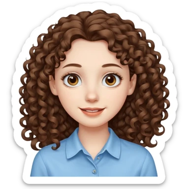 Light brown eyed female with pale skin. She has big eyes, curly and long dark brown hair and thin lips smiling. sticker