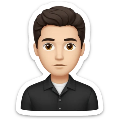 He’s a man with light to medium skin, a defined oval face, full brows, deep-set eyes, and wavy short dark brown tall hair styled with height, sides are trimmed. expression calm and focused relaxed black open-collar. polished, articulate, and coach vibe. personal development sticker