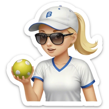 Girl with blond hair in a ponytail wearing a white baseball cap and sunglasses playing pickleball sticker