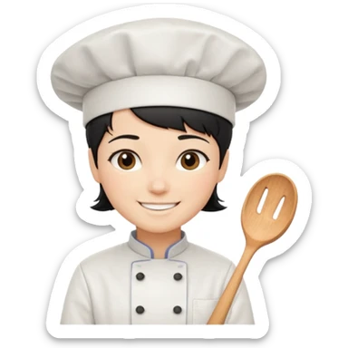 Short black hair, happy, wearing chef uniform and chef hat sticker