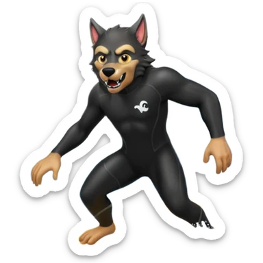 A werewolf in a wetsuit surfing between two waves sticker