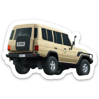 Land Cruiser 79 series 2024 in beige parked on a lush dark green mountain with a luxurious wood house and horses and deers running around  sticker