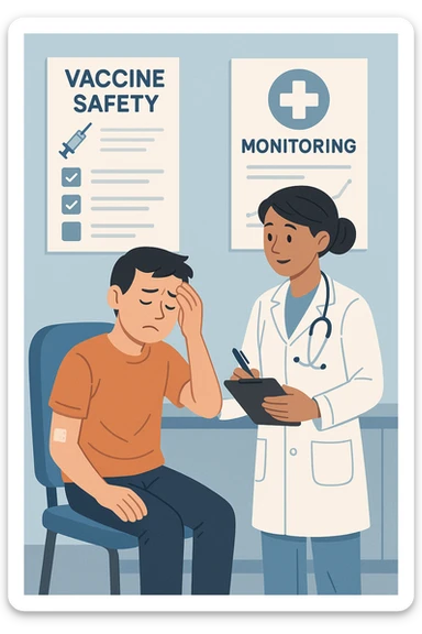 Vertical, educational medical illustration: a healthcare professional observes a patient who appears unwell after receiving a vaccine. The patient sits in a clinic chair, showing mild symptoms such as fatigue or headache, while the professional takes notes and offers reassurance. The background includes educational posters about vaccine safety and monitoring. sticker