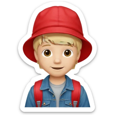 A little boy student, blonde hair, with red bucket hat, jean jacket, backpack sticker