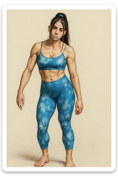 Realistic style illustration of a woman in sportswear with an asymmetric posture showing evident postural problems. The anatomy is clearly visible with muscles and joints emphasized. The background is neutral and the format is vertical, inspired by the reference photo. sticker