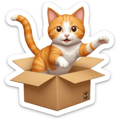 cat jumping out of a box with a white arrow showing the direction of the cat out of the box sticker