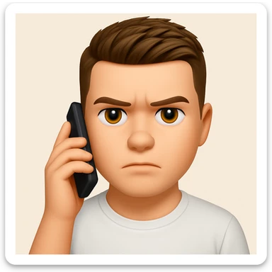 Based on these photos, make an emoji with facial features intact, man in white t-shirt, talking on phone, serious face sticker