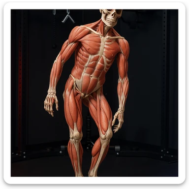 Hyperrealistic anatomical view of the same pose: tilted pelvis, valgus knee, pronated foot, with detailed visible bones and muscles, gym environment, 4K quality. Variant 7: view slightly rotated by 45 degrees. sticker