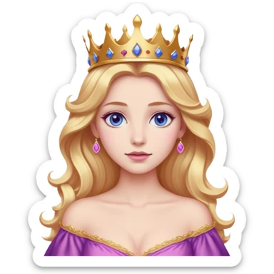 Cinematic Realistic Sleeping Beauty (Aurora) Portrait, with porcelain-like skin featuring a natural rosy flush, illuminated by soft lighting that highlights the gentle contours of her face. Her golden blonde hair flows in soft, detailed waves with subtle highlights that shimmer in the light. Her deep violet-blue eyes radiate warmth and innocence, framed by arched brows and long lashes. Her serene expression exudes quiet elegance. She is dressed in her classic pink gown, the fabric rich in texture with delicate folds that catch the light. A golden crown rests atop her head, gleaming with royal refinement. The portrait captures a soft, glowing aura, blending realism with an ethereal sense of beauty and timeless enchantment. sticker