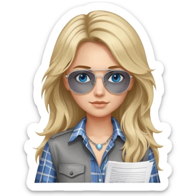 girl with long blond messy hair wearing grey plaid shirt with blue eyes and aviator sunglasses wearing a ring on her silver necklace, holding lawyer papers sticker