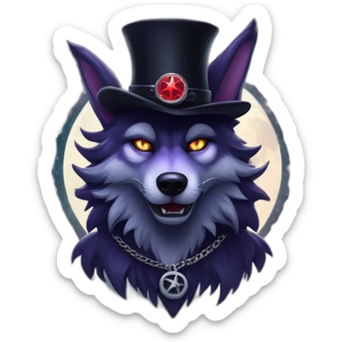 demonic wolf with a pentagram top hat and a pentagram chain with a haunting night background sticker