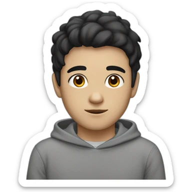 Boy with black hair, medium black eyes with a gray sweatshirt, with a thin face and semi-dark white skin sticker