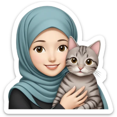 Asian White girl wearing hijab holding a black grey tabby cat while smiling.  sticker