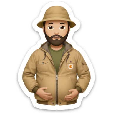 Bearded man rubbing pregnant belly poking out of shirt wearing a tan canvas carhartt jacket with  chinese hat on sticker