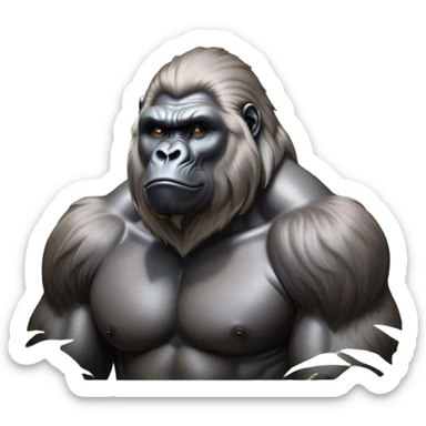 Cinematic Noble Silverback Gorilla Portrait Emoji, Poised and majestic, with a powerful, muscular frame accentuated by a distinguished silver mane and piercing, wise eyes, Simplified yet sharp and sophisticated features, highly detailed, glowing with a soft, regal jungle glow, high shine, intelligent and commanding, stylized with an air of imperial strength, focused and resolute, soft glowing outline, capturing the essence of a watchful guardian that feels as though it could step out of the screen with effortless authority! sticker