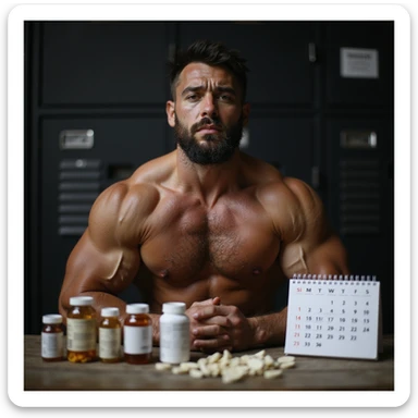 realistic muscular bodybuilder man with serious expression, supplements and medical vials on table, calendar with all months behind, defined physique with visible veins, dark locker room background with dramatic lighting, signs of tiredness on face sticker