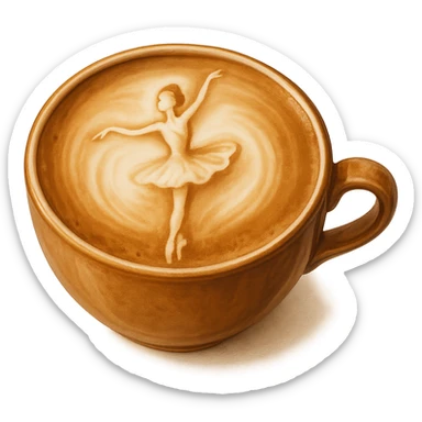a cappuccino cup with elegant and charming latte art shaped like a ballerina, warm tones, no background sticker
