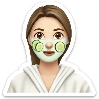 White girl with Brown hair and blue eyes wears a Green colored skincare clay textured mask and puts on cucumbers around her eyes while She relaxes in her white Robe sticker