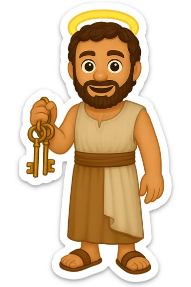 Make the shirt sleeveless like in 'The Chosen' show, keep plain robes, fullbody apostle Peter, high detail, emoji style, holding keys, expressive face, standing pose, halo, no background. sticker