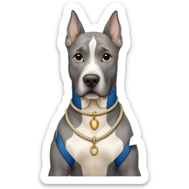 Gray Great Dane with natural ears white rope collar and rope Leash with gold accents sotting near a white hydrangea bush  sticker