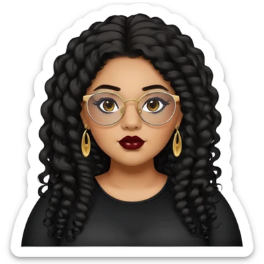 teen big plus size, latina, darker tan skin, gold earring, long black curly hair, baddie,pretty, makeup, dark red lipgloss, black eyeliner, long hair, black top, black glasses sticker