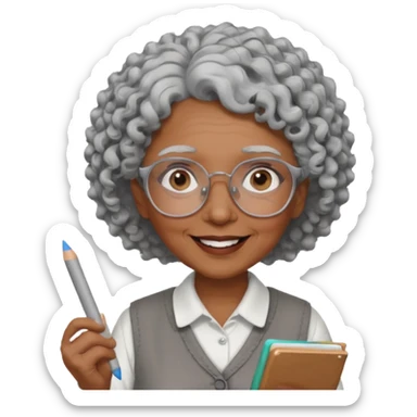 old woman teacher, brown skin, curly grey white hai, wearing glasses, hold chalk on hand sticker