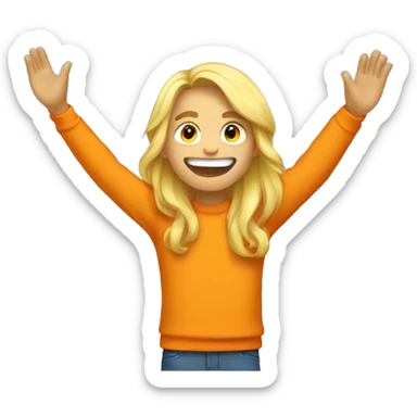 a teenager who only sees his torso and who has long blond hair and a yellow sweater and an orange backpack who has a big smile and who raises his arms in the air while looking up sticker