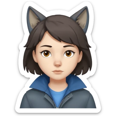 Hobo tomboy with dark brown hair in a wolf cut style, brown eyes, dirty dark grey coat, blue-grey shirt. sticker