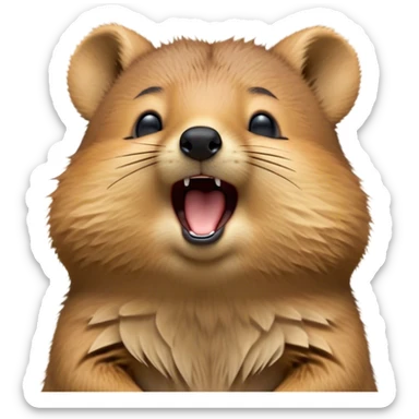 Cinematic Cute Yawning Quokka Portrait Emoji, Head tilted slightly with a dramatic, wide-open yawn, showcasing a soft, downy brown fur with a slightly droopy expression and eyes barely open in drowsy contentment, Simplified yet irresistibly adorable features, highly detailed, glowing with a soft, cozy glow, high shine, relaxed yet expressive, stylized with a touch of playful charm, bright and endearing, soft glowing outline, capturing the essence of a sleepy yet affectionate quokka, so drowsy it feels like it could stretch out of the screen and curl up for a nap! sticker