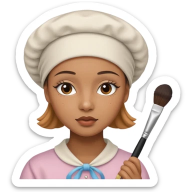 19 year old woman with a bonnet doing her makeup no hair showing caramel skin sticker