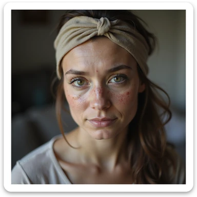 hyperrealistic 4K image of a woman with PCOS wearing a headband or scarf to cover thinning areas, face with acne, teary eyes, thinning hair, domestic environment sticker