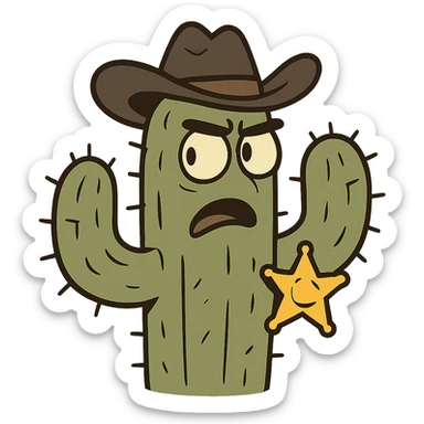 cactus with a sheriff badge, western cartoon style sticker