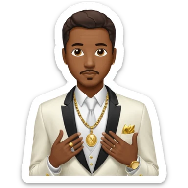 Ralph Tresvant with dark brown hair, white suit jacket, shirtless with necklace sticker