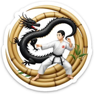 An icon symbolizing Eastern martial arts in the style of an emblem, featuring a black-and-white Yin-Yang symbol and a dragon at the center. A martial artist is performing a fluid kick, surrounded by elements like a dojo and bamboo. Transparent background highlights balance and power. sticker