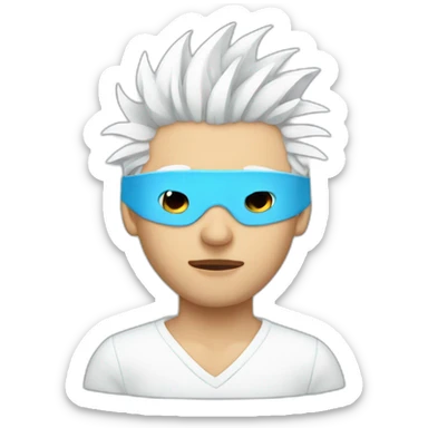 Man with blindfold and white spiky hair wearing white sweater with light blue eyes sticker