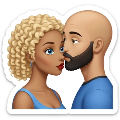 bald head man with brown eyes and black beard kissing African woman with blue eyes and curly blonde hair sticker