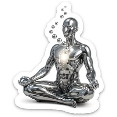 reflective chrome silhouette of a meditating person with open chest and bright light emanating from within, spiral of spheres and glowing aura, highly metallic sticker