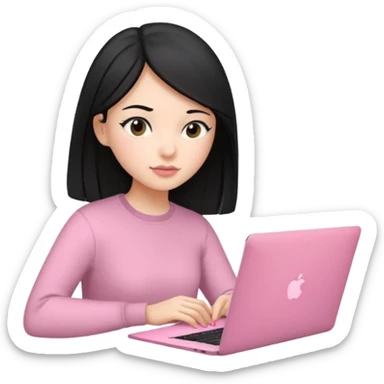 Chica lacia en una MacBook rosa investigando y haciendo tareas sticker