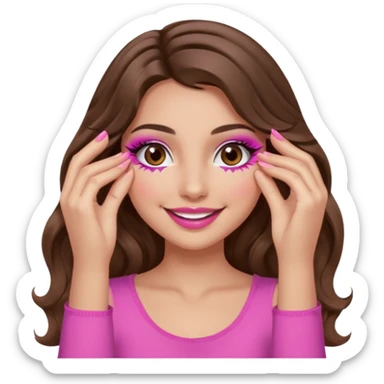 girl with long wavy brown hair, brown eyes, long lashes, makeup, sexy pink lips, light to medium complexion, wearing a pink sexy top, smiling, hands covering over the eyes sticker