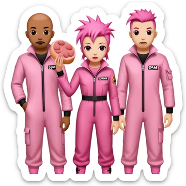 punk artists in pink jumpsuits protesting for spam meat is art sticker